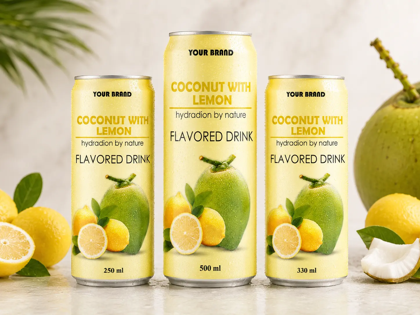 COCONUT FLAVORED DRINK lemon flavour shown in 250ml, 500ml, and 330ml cans.